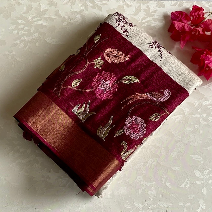 Ivory Soft Tussar Silk Saree With Maroon Embroidered Pallu And Zari Border