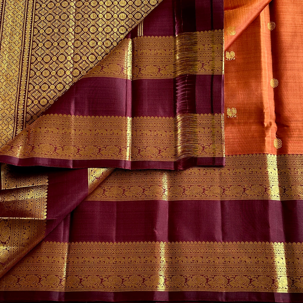 Burnt Orange Oxblood Maroon Gold Zari Traditional Wedding Elegant Saree