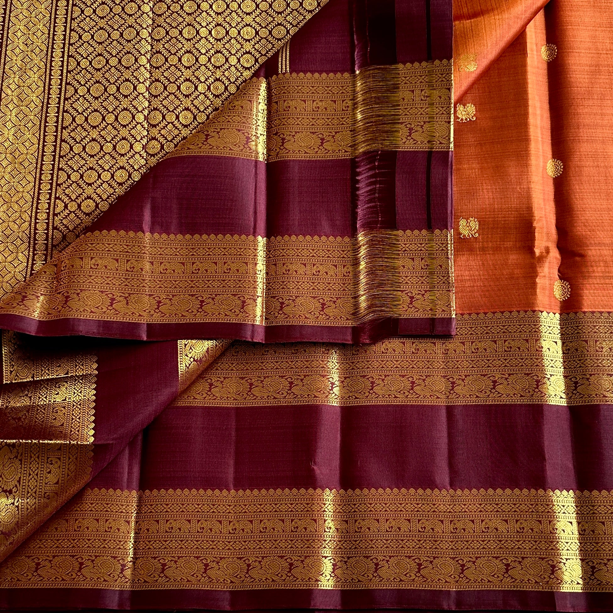 Burnt Orange Oxblood Maroon Gold Zari Traditional Wedding Elegant Saree