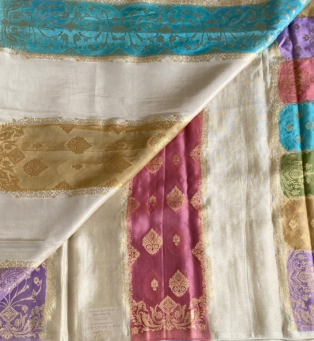 Ivory Multi Shade Soft Crepe Silk Saree With Lavender Purple Pallu