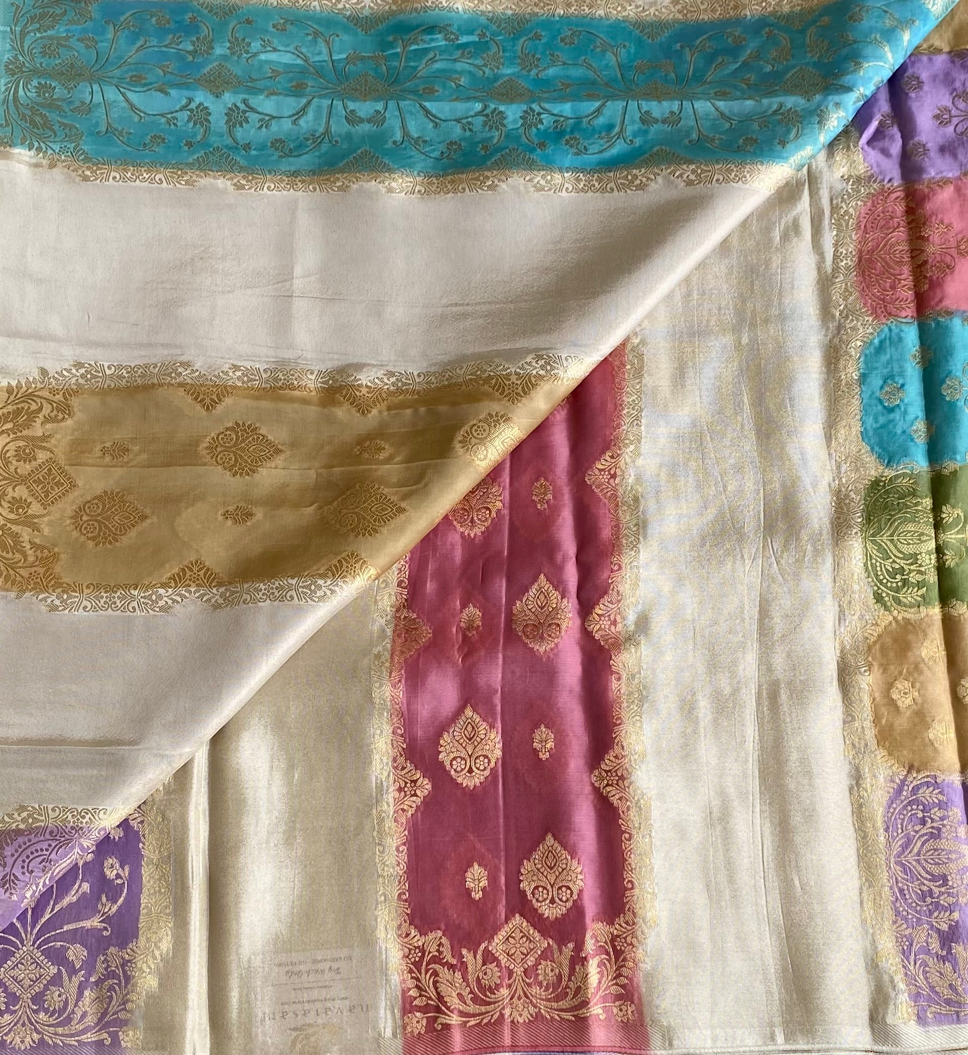 Ivory Multi Shade Soft Crepe Silk Saree With Lavender Purple Pallu