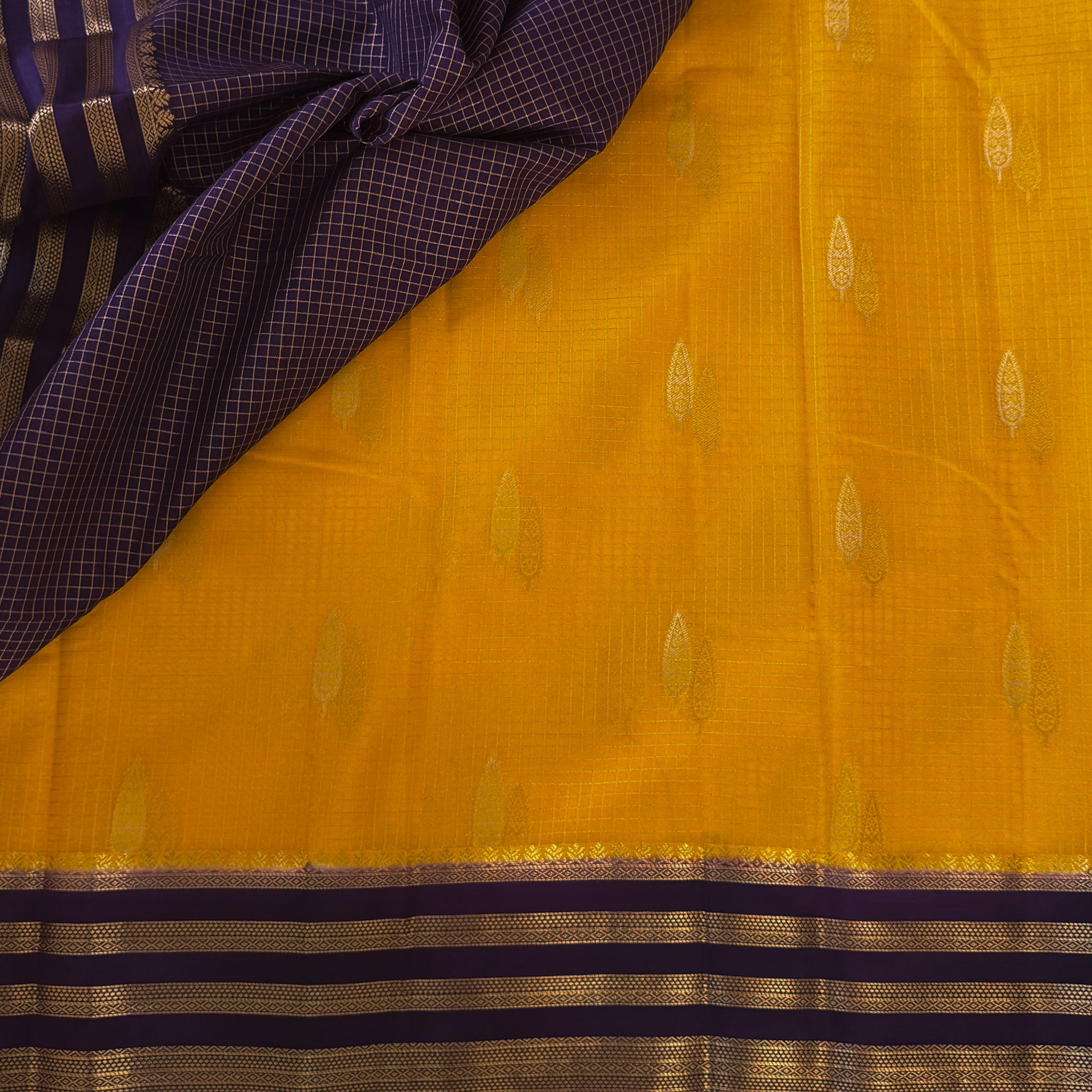 Marigold Yellow Silk Saree Royal Purple Pallu Antique Gold Zari