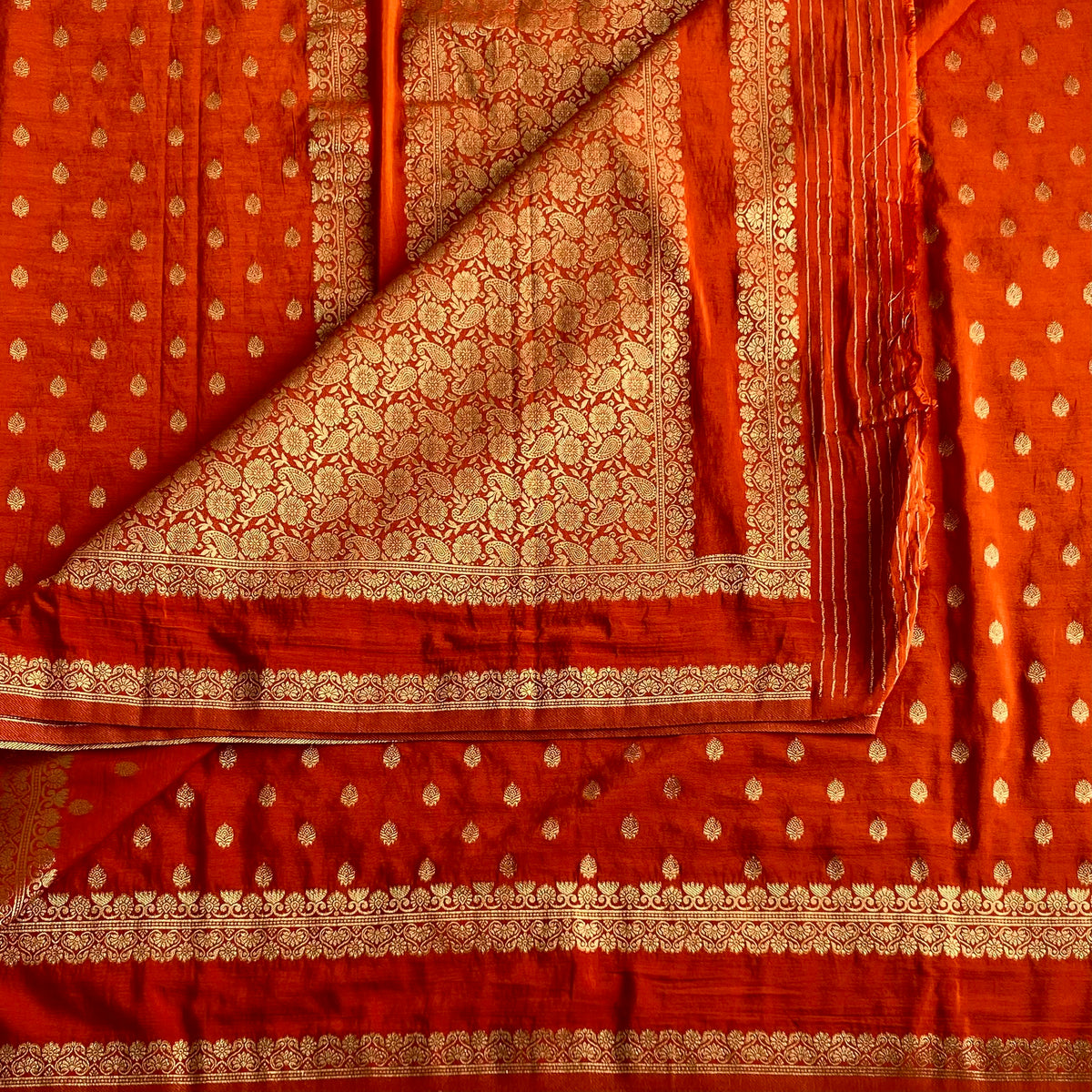 Burnt Orange Soft Tussar Silk Saree With Metallic Gold Brocade Pallu