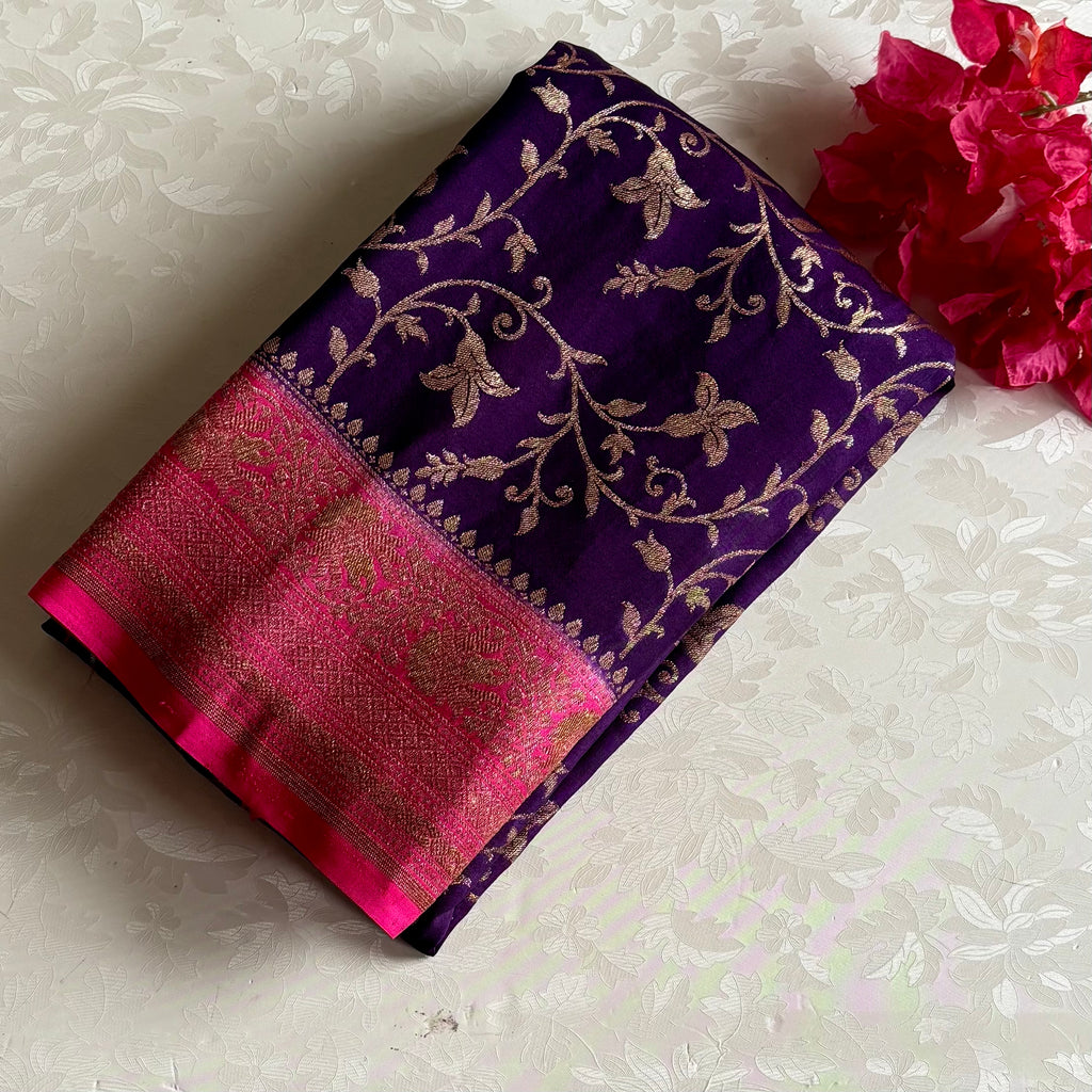 Royal Purple & Rani Pink Banarasi Crepe Silk Saree With Jaal Weave