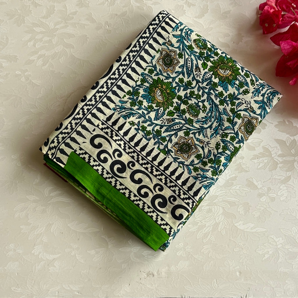 Green Teal Floral Block Print Cotton Saree With Printed Border