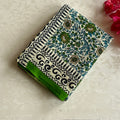 Green Teal Floral Block Print Cotton Saree With Printed Border