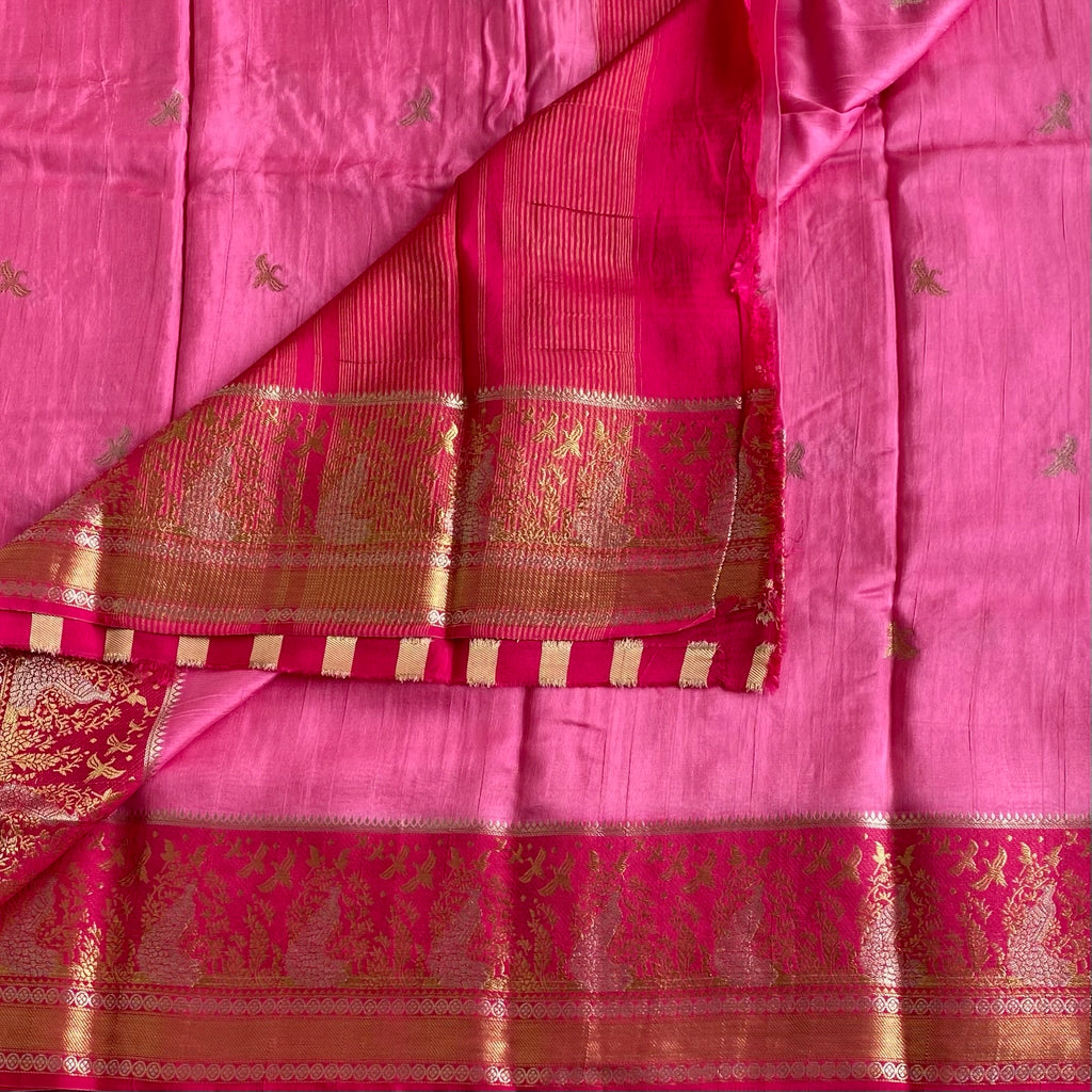 Deep Pink With Rani Pink Soft Tussar Silk Saree With Gold Zari Border