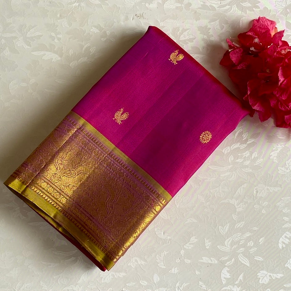 Rani Pink Kanjeevaram Pure Zari Silk Saree With Dual Olive Gold Pallu