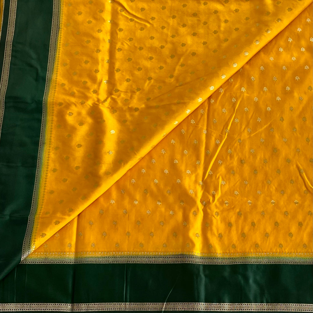 Mustard Green Zari Brocade Silk Saree With Tassel Border Elegant