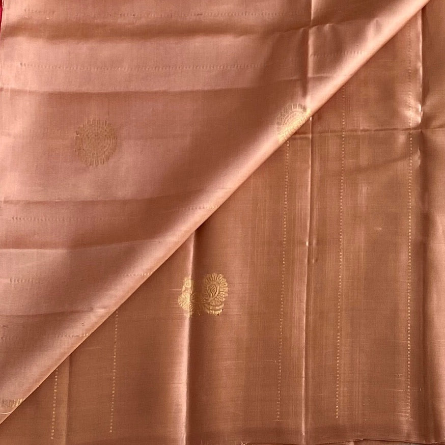 Peach Beige Designer Pure Silk Saree With Magenta Pink Pallu