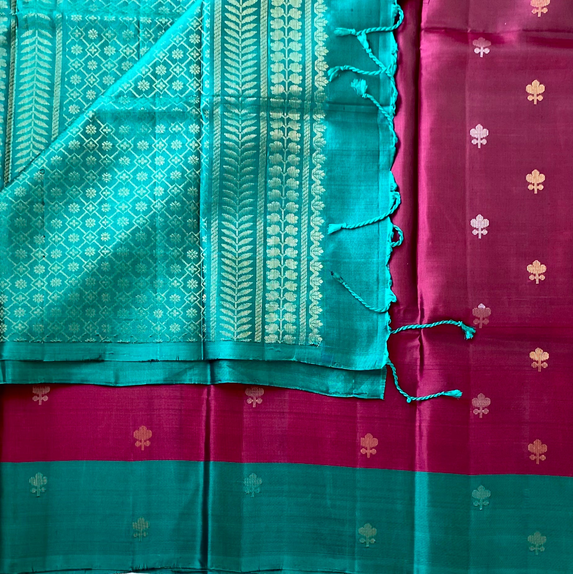 Peacock Teal Magenta Silk Saree With Antique Gold Zari Pallu
