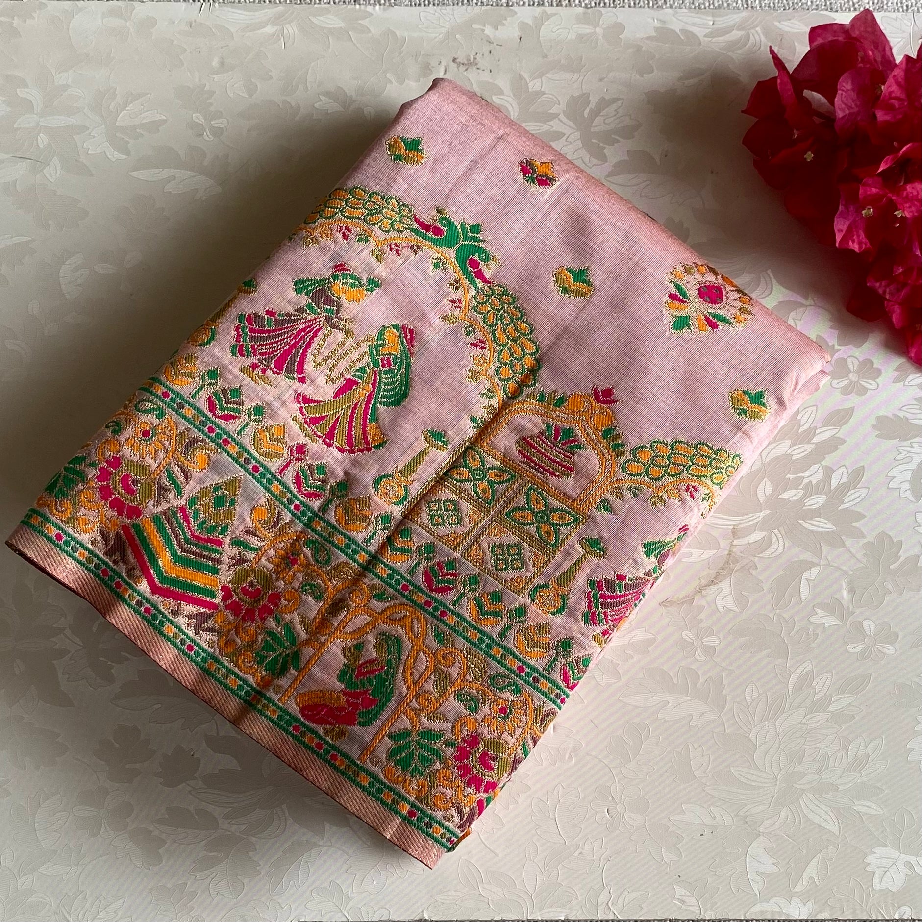 Blush Pink Soft Tussar Silk Saree With Emerald Green Accents