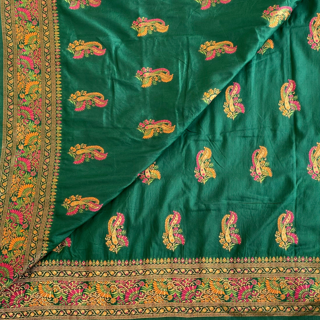 Deep Emerald Green Meenakari(Woven not printed )Soft Tussar Saree With Vibrant Woven Pallu