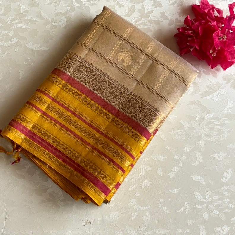 Ivory Designer Pure Silk Saree With Mustard & Rose Pink Pallu