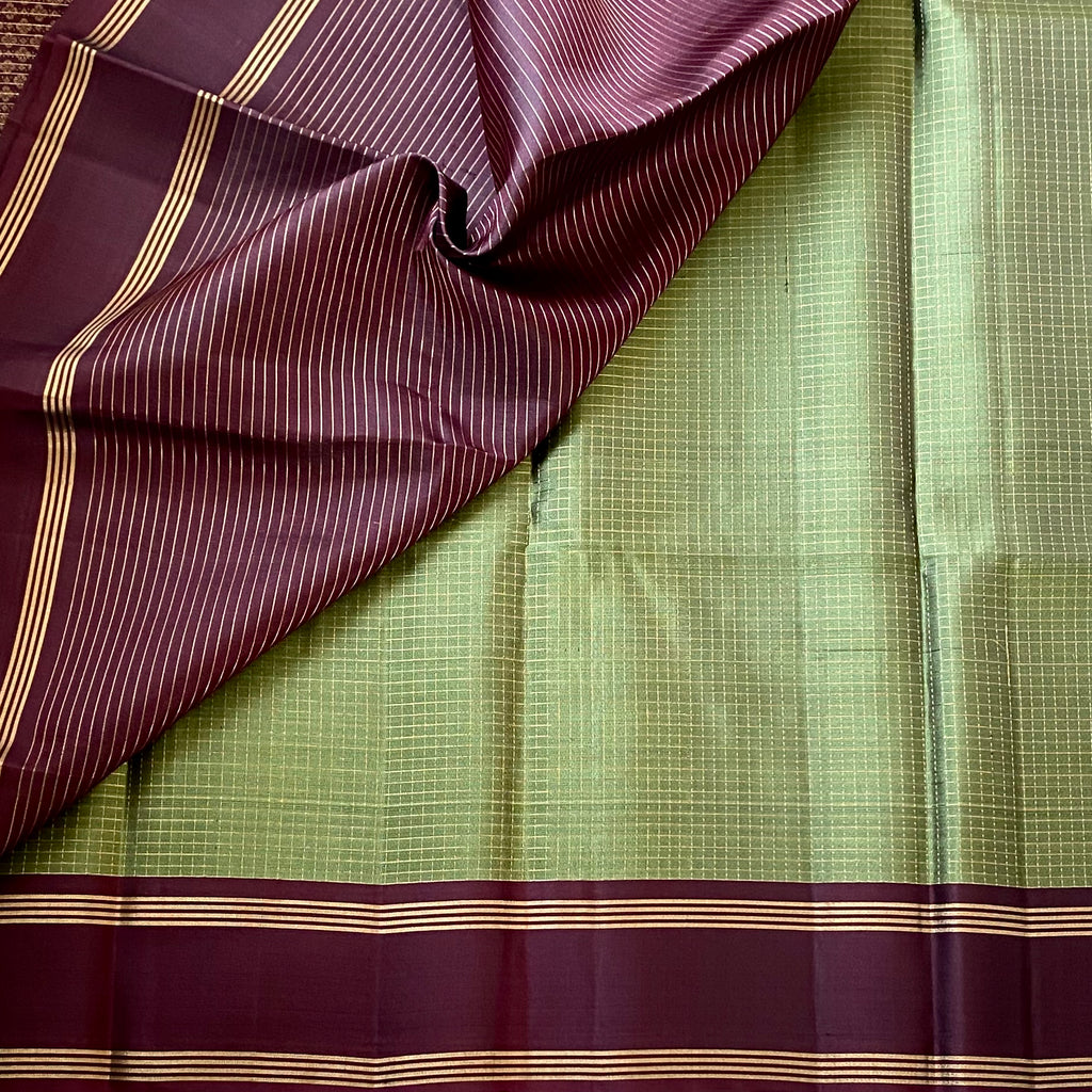 Rare Olive Beauty with checkered Wine maroon handwoven pure silk stunner