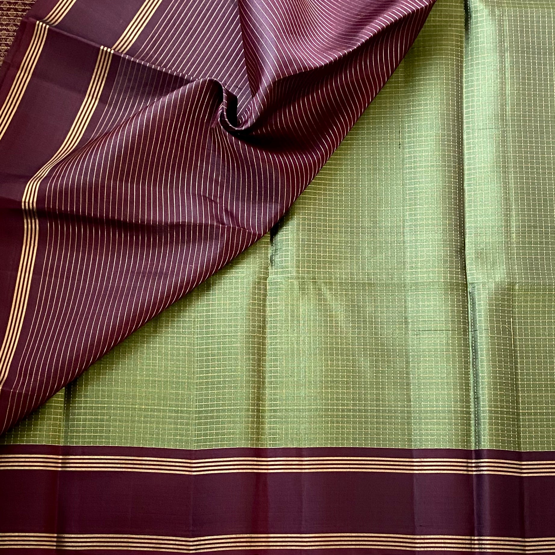 Rare Olive Beauty with checkered Wine maroon handwoven pure silk stunner