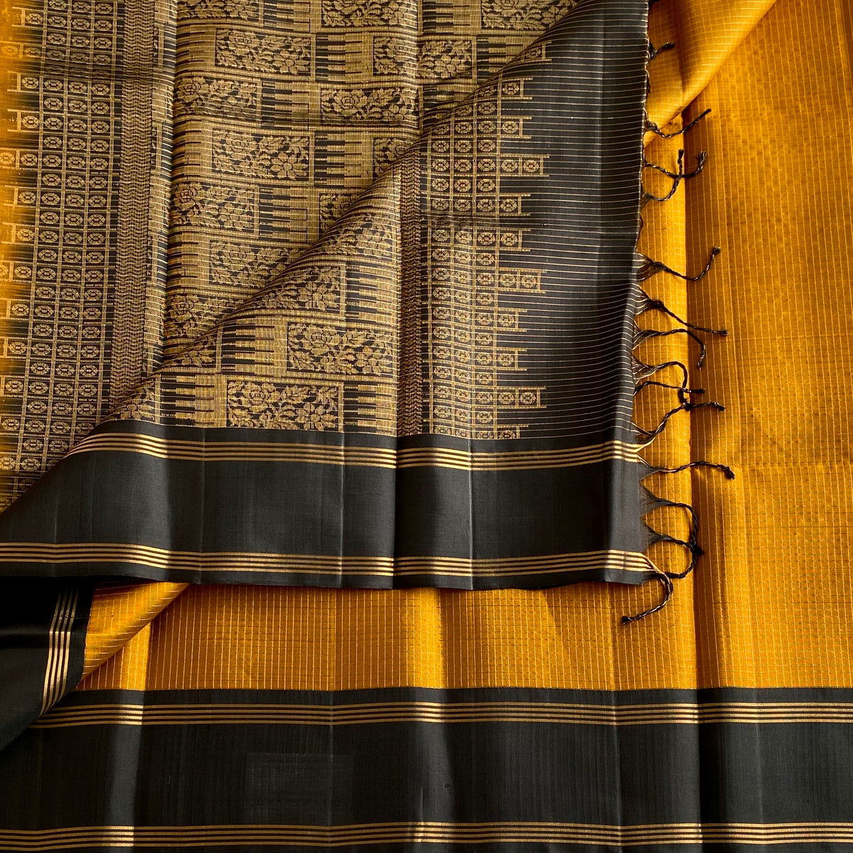 Mustard Gold Designer Pure Silk Saree With Jet Black Pallu
