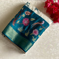 Ivory Soft Tussar Silk Saree With Teal Blue Pallu And Gold Border