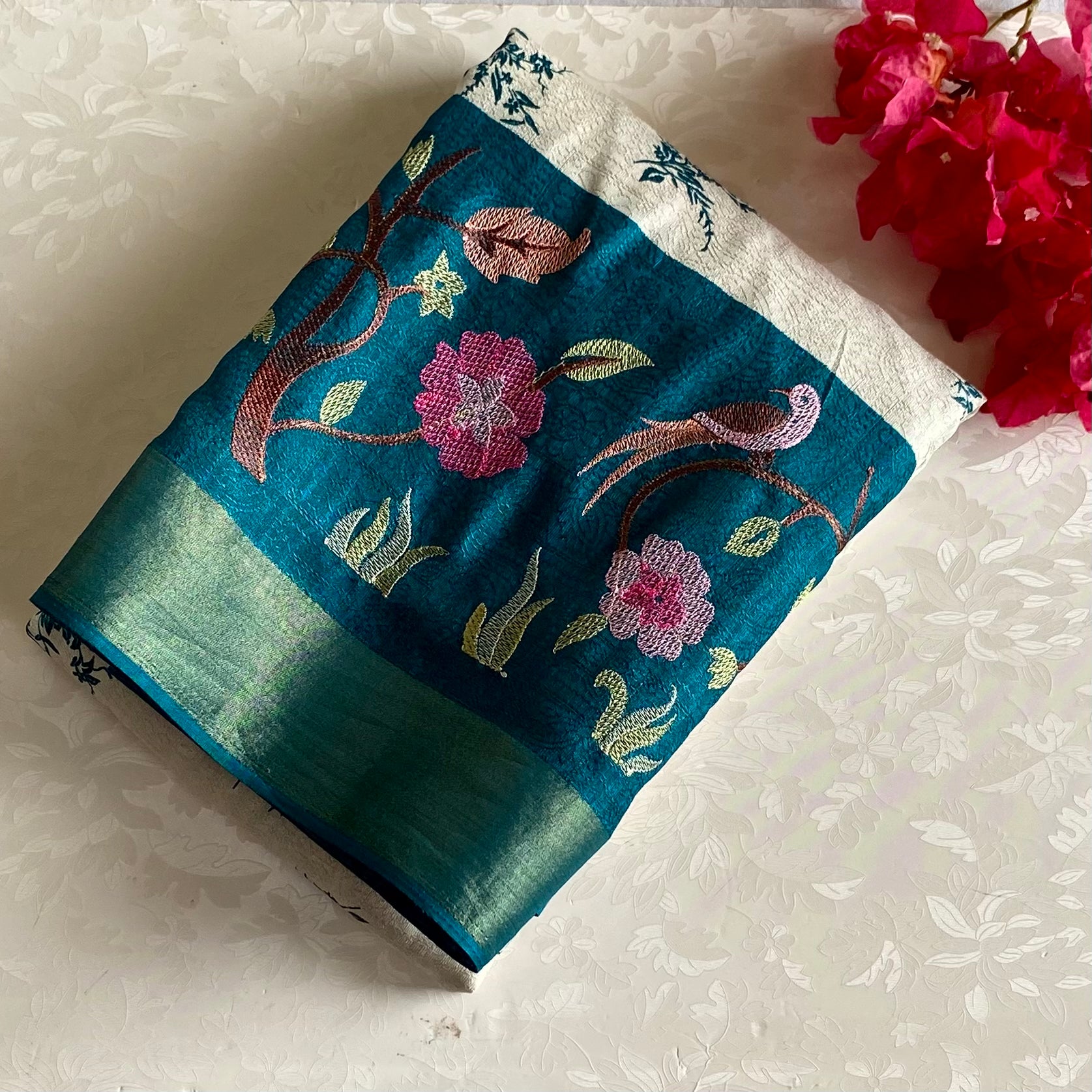 Ivory Soft Tussar Silk Saree With Teal Blue Pallu And Gold Border