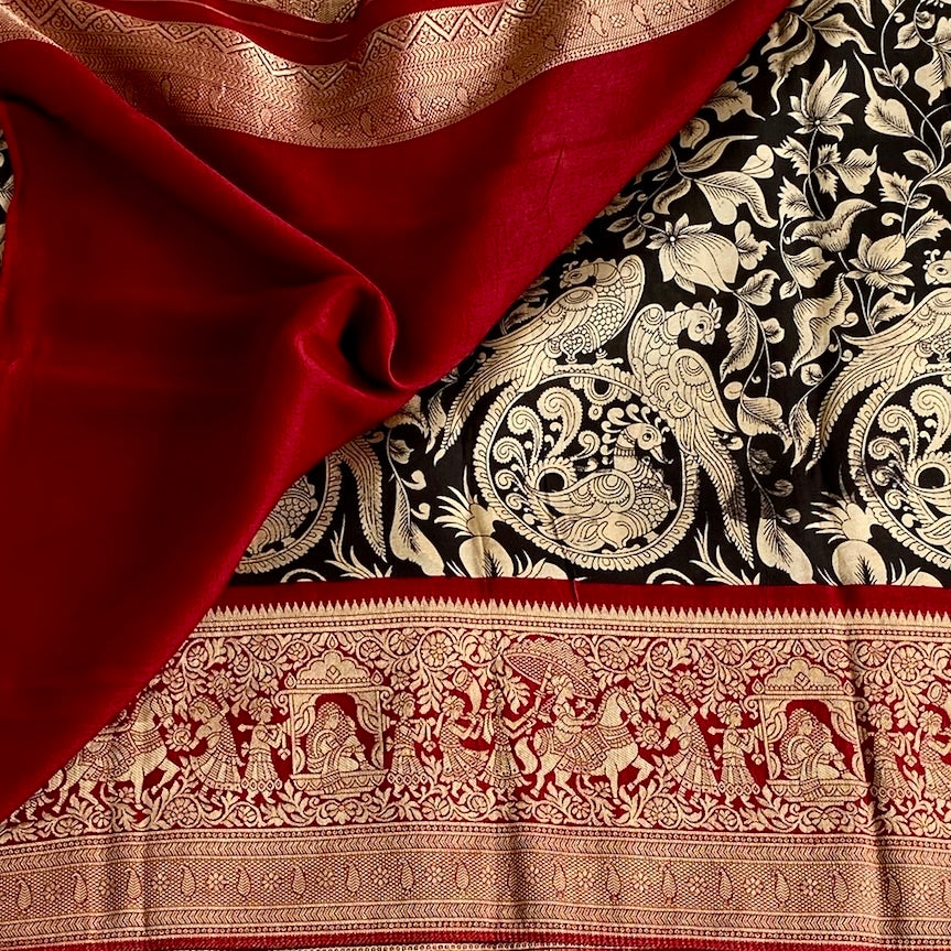 Jet Black Soft Tussar Silk Saree With Antique Gold And Maroon Red