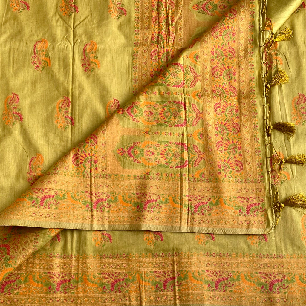 Light Sage Green Meenakari Soft Tussar Saree With Vibrant Woven Pallu