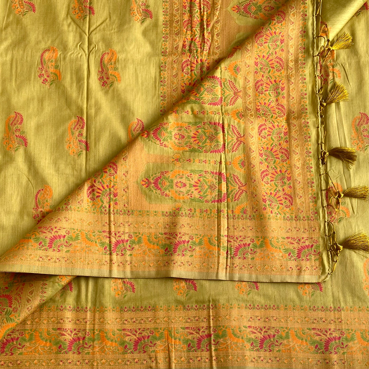 Light Sage Green Meenakari Soft Tussar Saree With Vibrant Woven Pallu