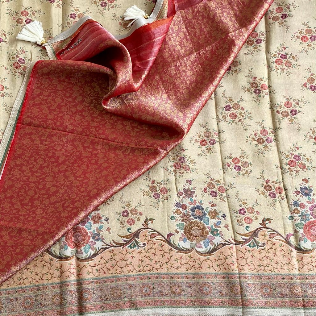 Ivory Beige Soft Premium tissue Silk Saree With Designer Meenakari Weave