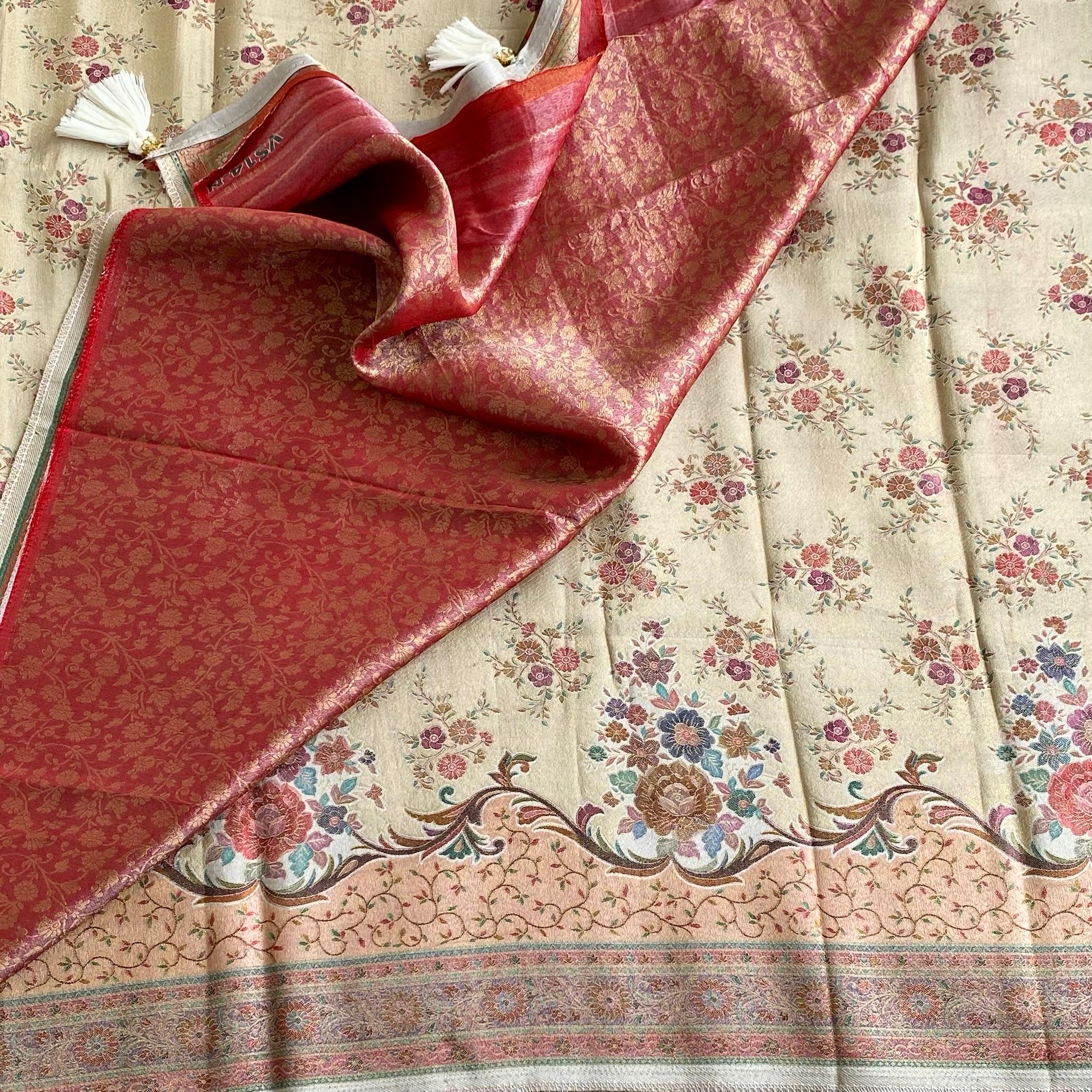 Ivory Beige Soft Premium tissue Silk Saree With Designer Meenakari Weave