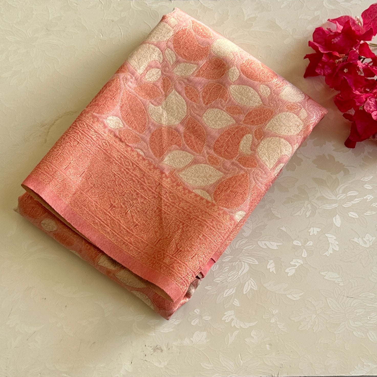 Coral Pink Golden Brocade Leaf Motif Saree With Tassels Festive