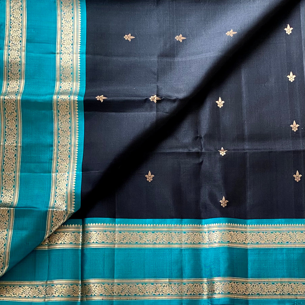 Jet Black Designer Pure Silk Saree Teal Blue Zari Border Contrast Pallu