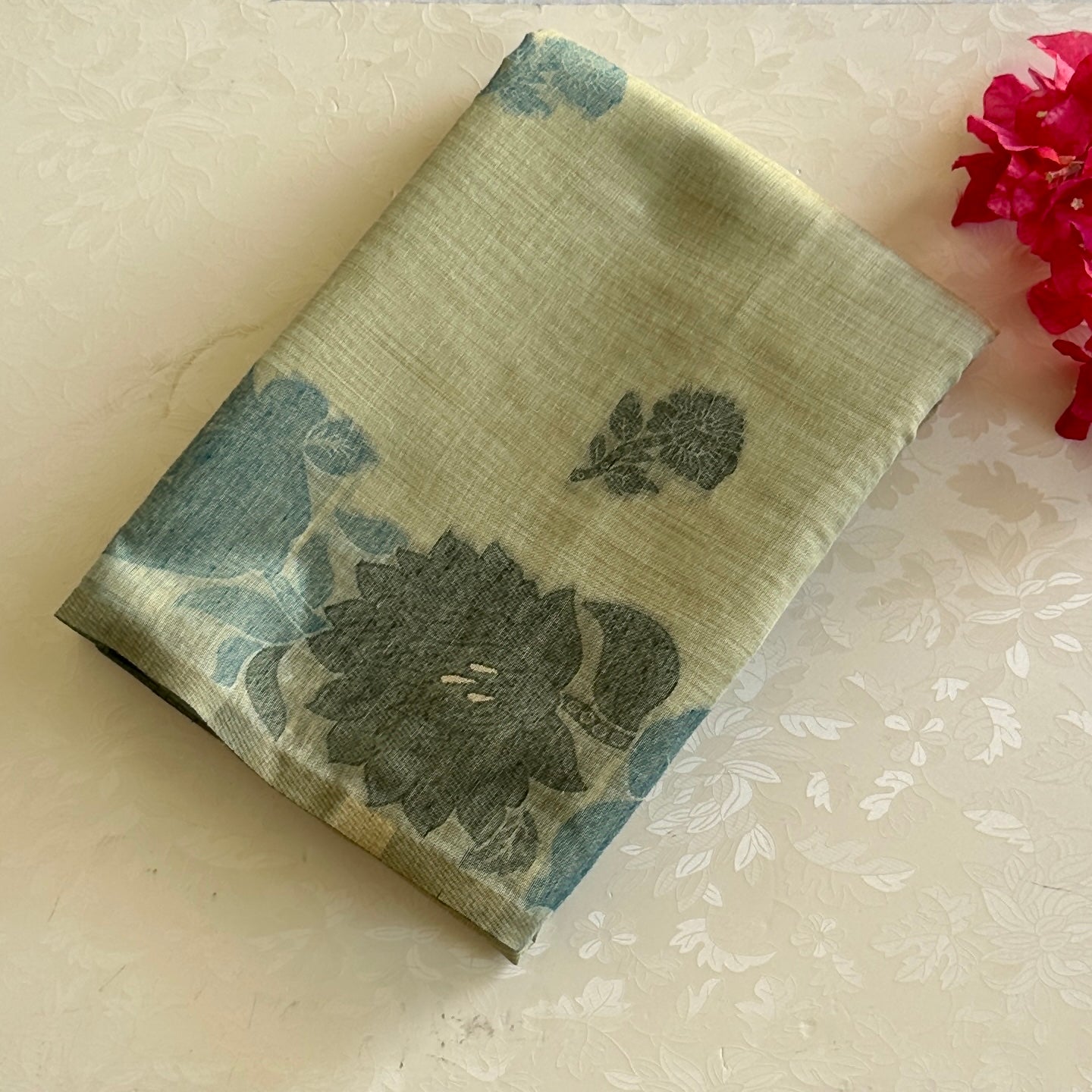 Elegant Sage Green Teal Floral Handloom Saree With Tassel Pallu