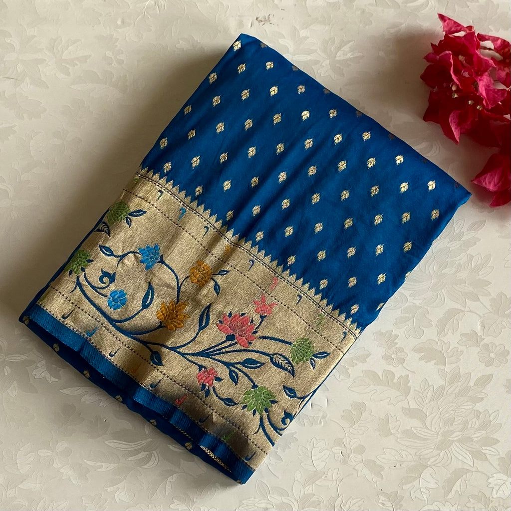 Teal Blue Soft Crepe Silk Saree With Antique Gold Pallu