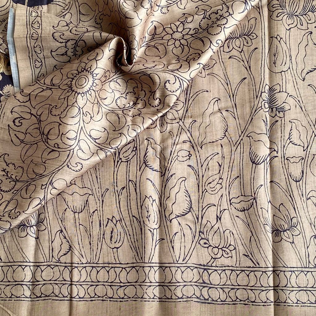 Earthy Beige Soft Tussar Silk Saree With Antique Designer Prints