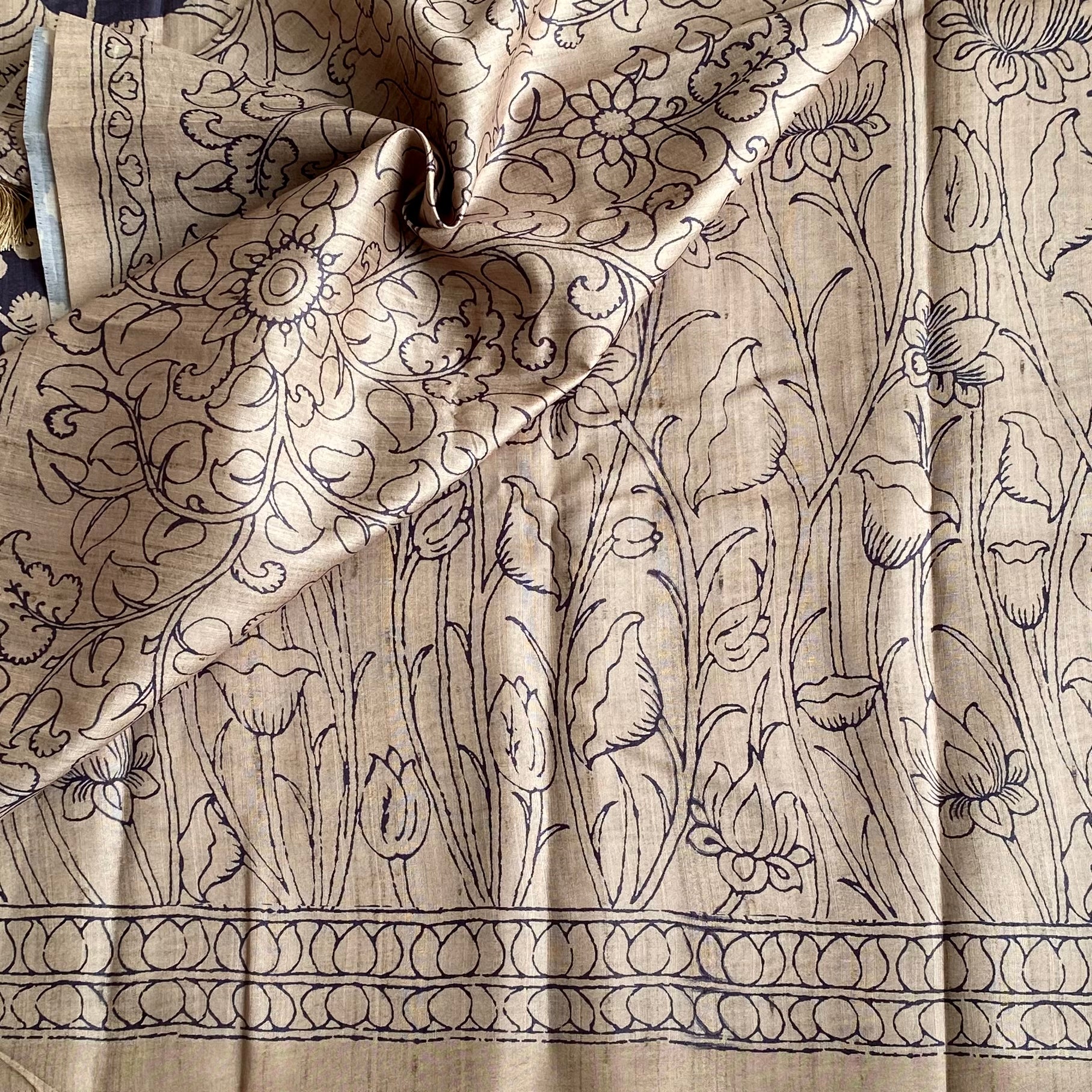 Earthy Beige Soft Tussar Silk Saree With Antique Designer Prints