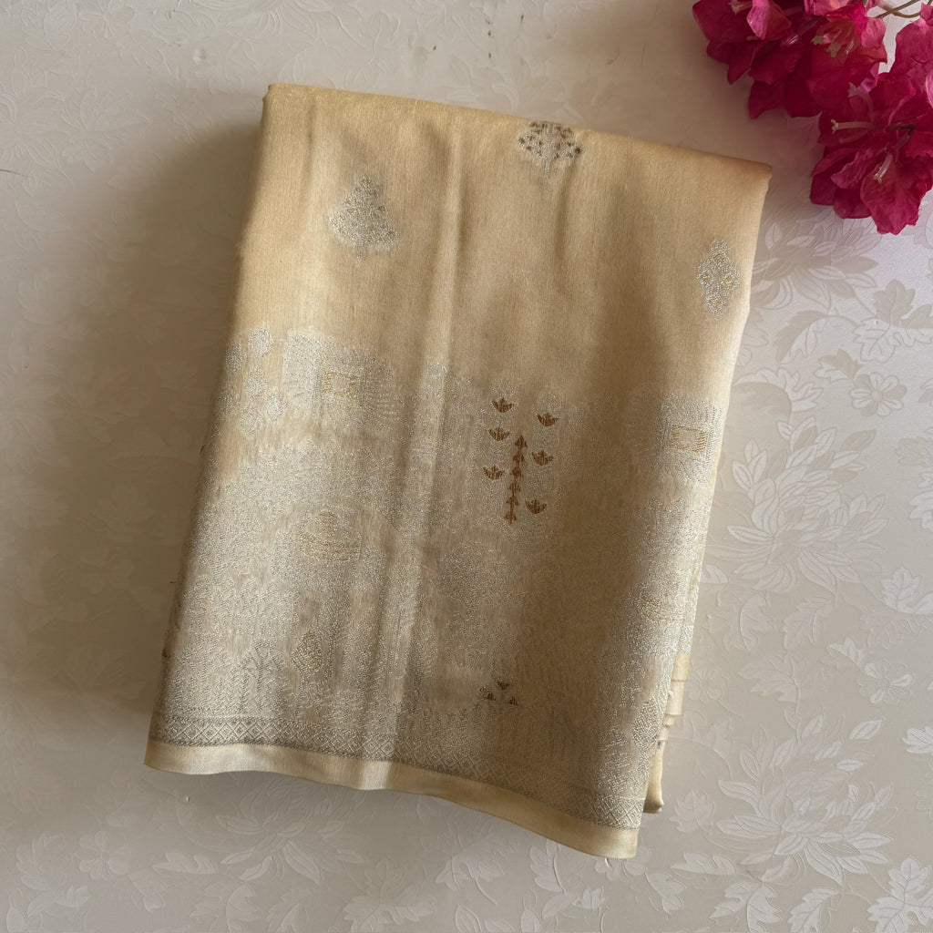 Ivory Gold Tassel Saree Elegant Woven Buti Traditional Wear