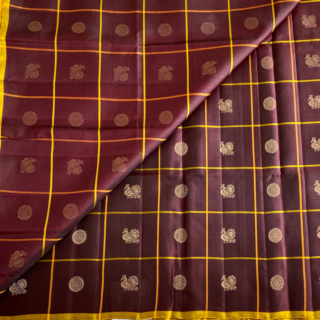 Deep Brown Plum Designer Pure Silk Saree With Mustard Yellow Pallu