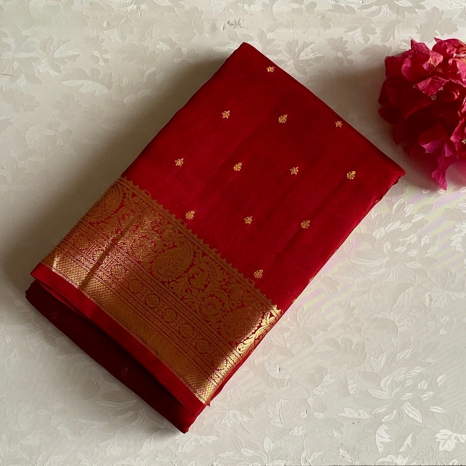 Ruby Red Designer Pure Silk Saree With Antique Gold Pallu