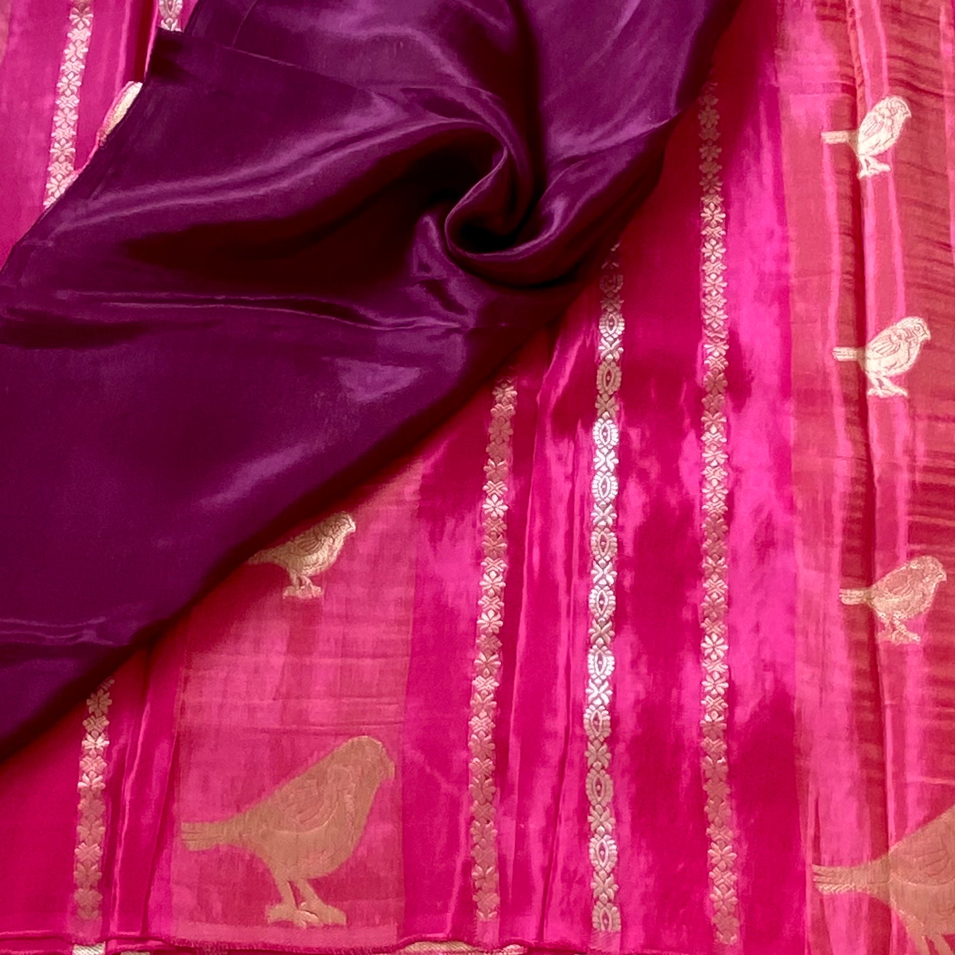 Vibrant pink with deep magenta soft crepe with quirky bird buttas