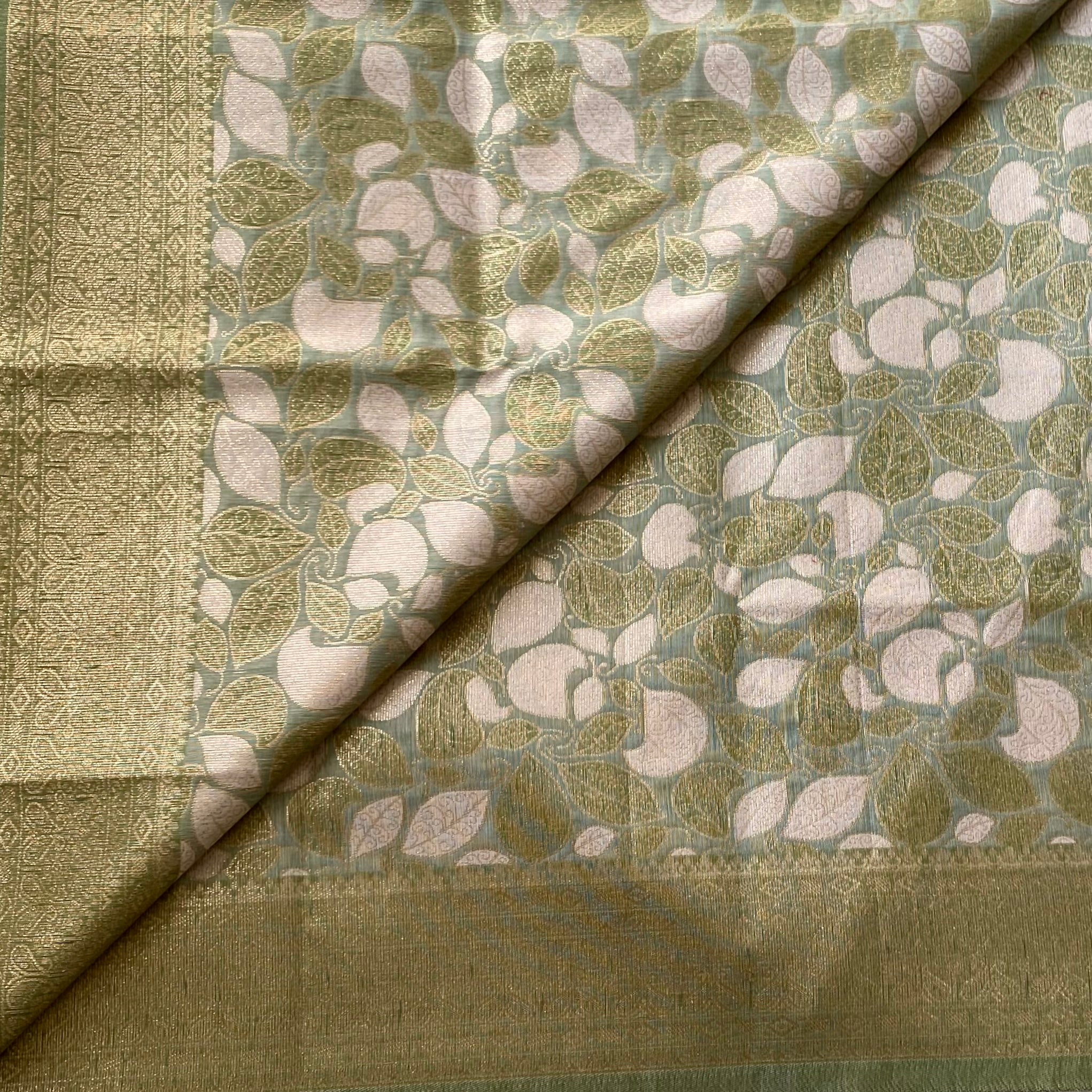 Olive Green Brocade Saree Gold Leaf Tassel Pallu Woven Traditional
