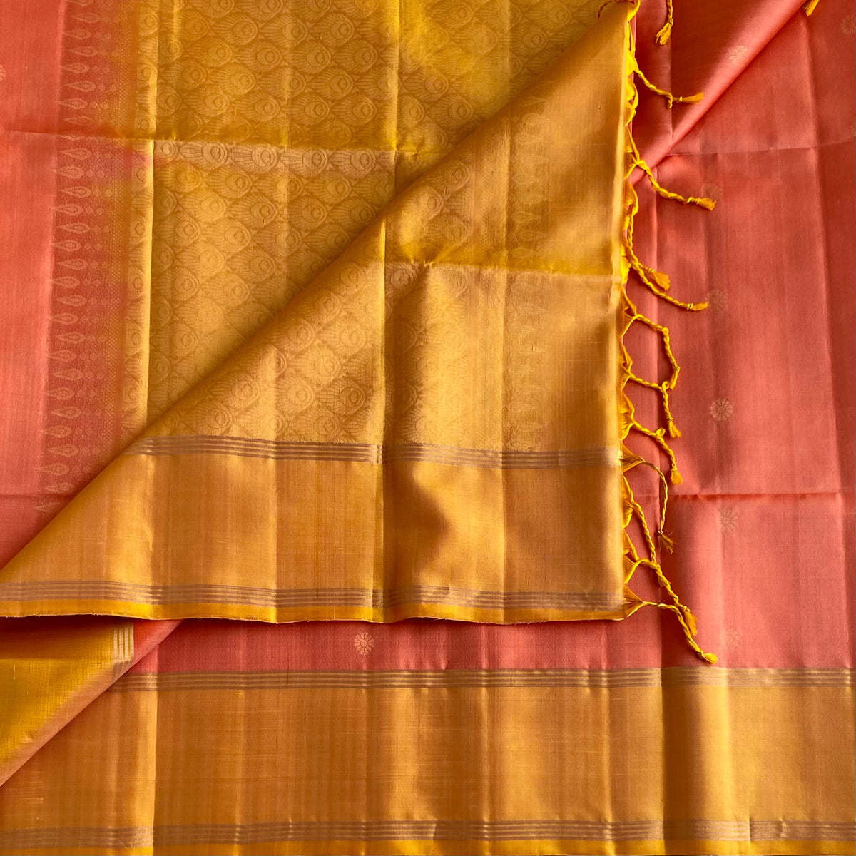Dusty Peachish Rose Designer Pure Silk Saree With Mustard Yellow Pallu