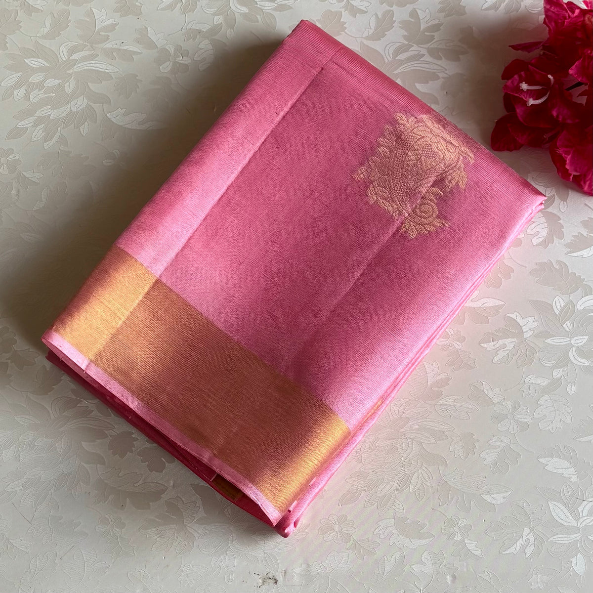 Dreamy Baby Pink Designer Pure Silk Saree With Antique Gold Pallu And Tassels