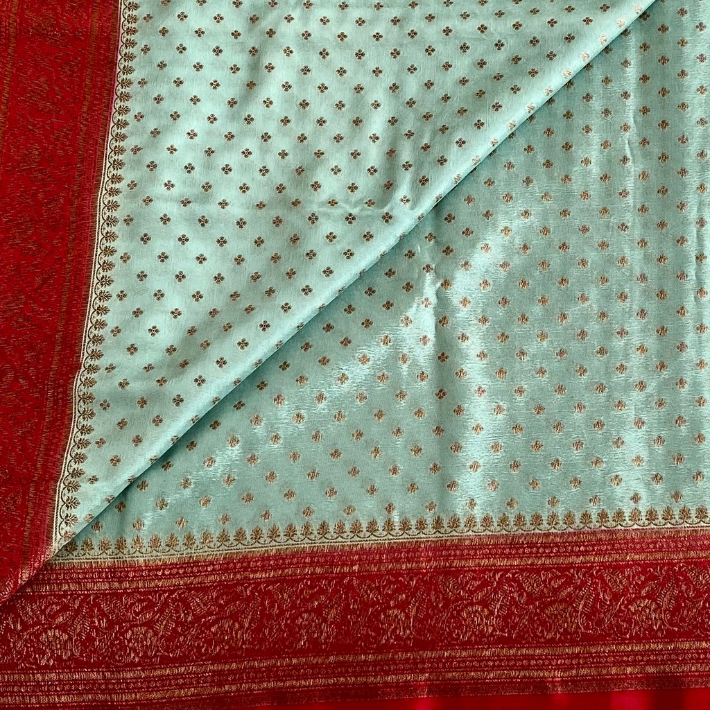 Mint Green Banarasi Crepe Silk Saree With Rani Pink Pallu