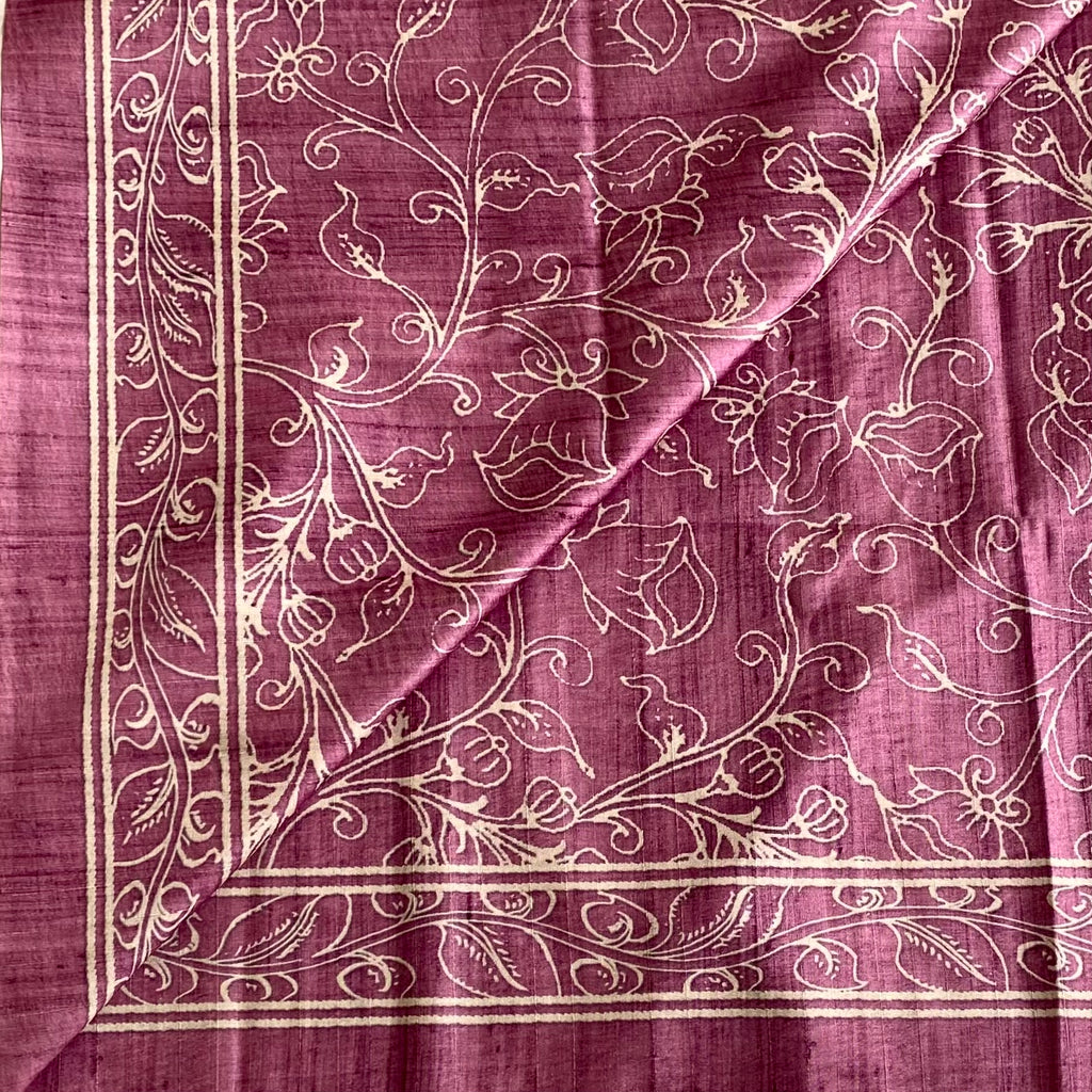Plum Soft Tussar Silk Saree With Ivory Floral Border And Tassels
