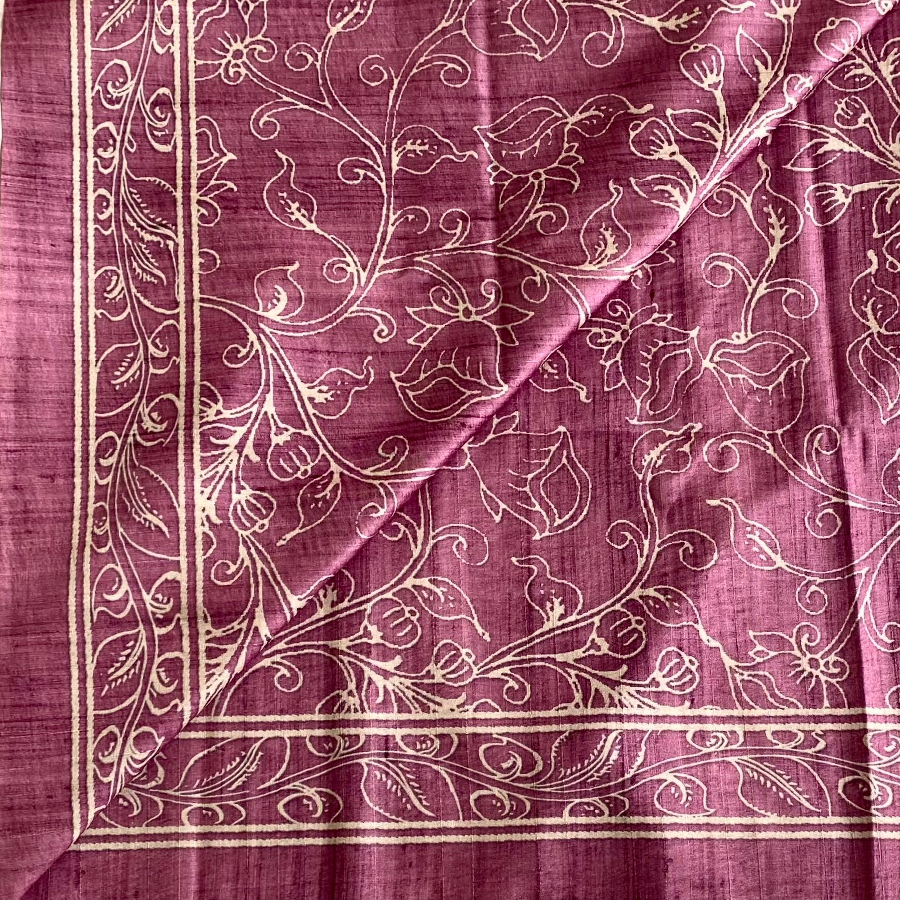 Plum Soft Tussar Silk Saree With Ivory Floral Border And Tassels