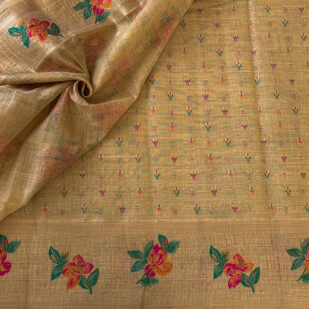Beige Gold Floral Zari Saree Magenta Orange Flowers Tassel Pallu