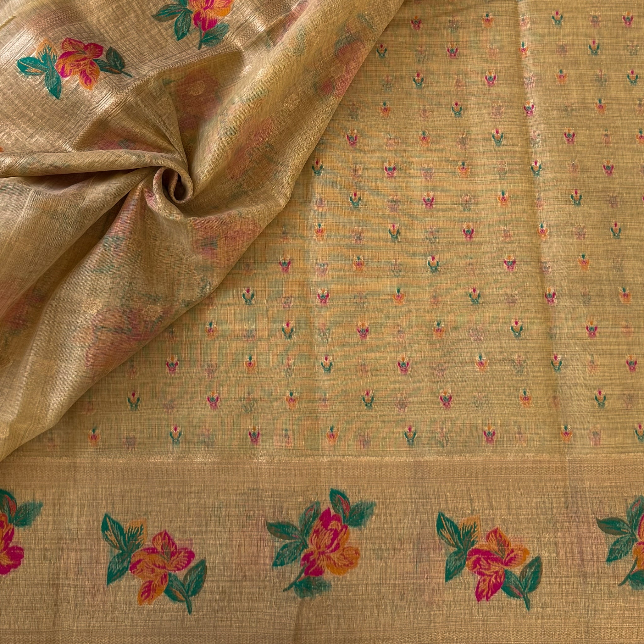 Beige Gold Floral Zari Saree Magenta Orange Flowers Tassel Pallu