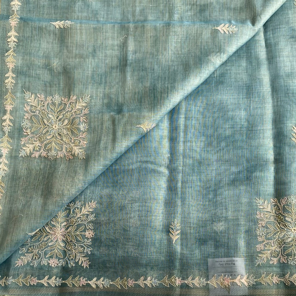Pastel Powder Blue Soft Linen Designer Elegant With Antique Gold Embroidery