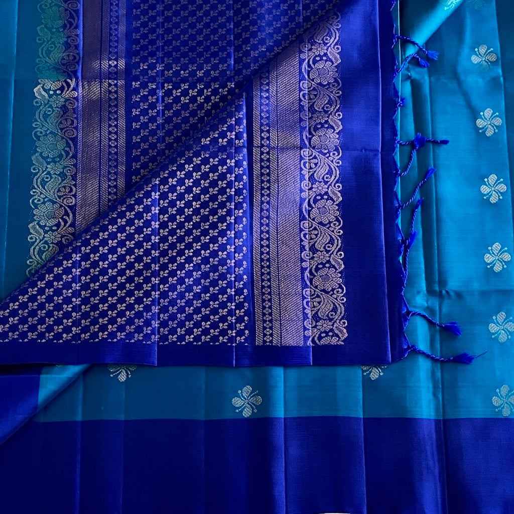 Turquoise Designer Pure Silk With Tiny Floral Buttas & Royal Blue Pallu
