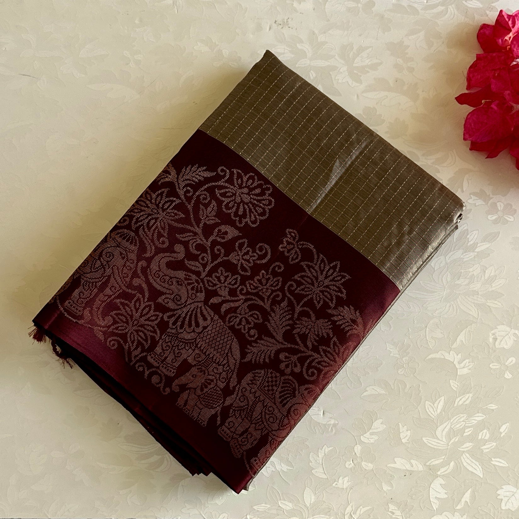 Champagne Greyish Gold Designer Pure Silk Saree With Burgundy Brown Pallu