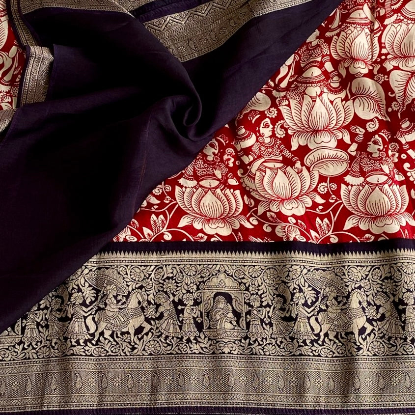 Scarlet Red  Soft Tussar Silk With midnight Blue borders